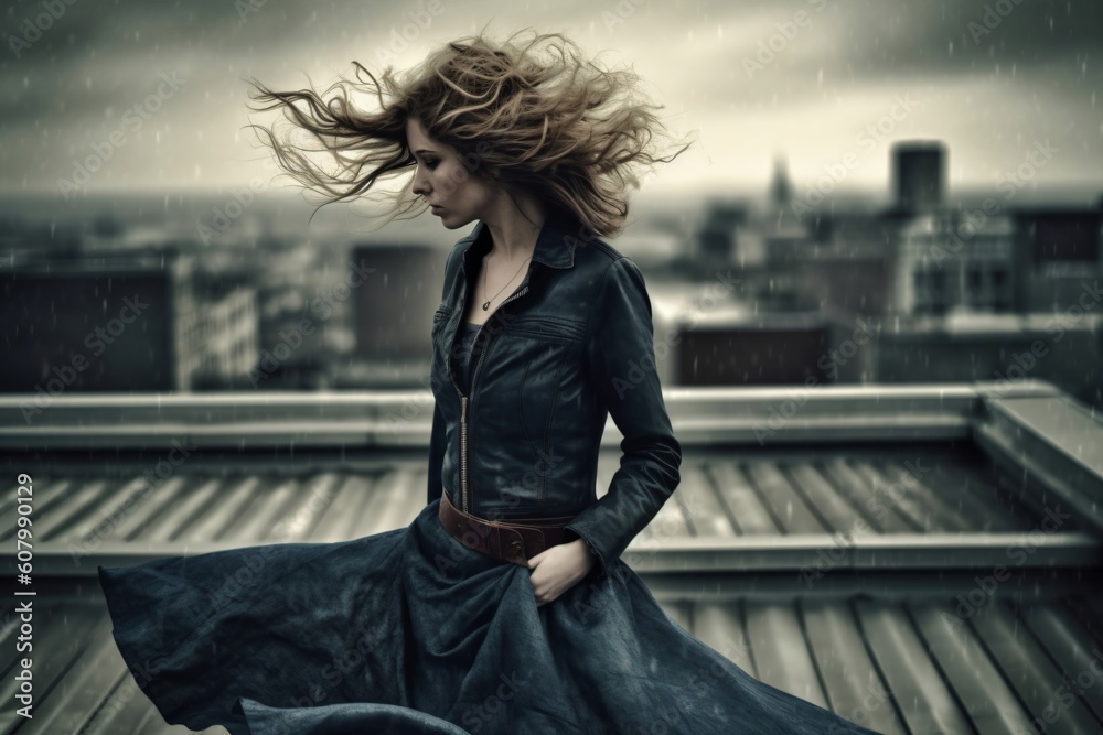 young woman dancing with blowing skirt in the rain over the roofs of a city created with Generative AI technology