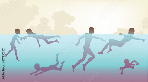 Editable vector illustration of adults and children swimming