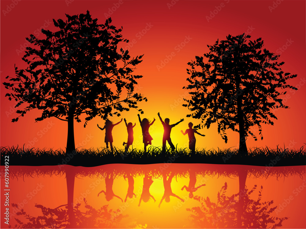 Naklejka premium Silhouettes of children playing outside alongside a river