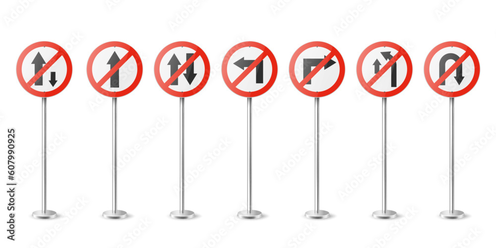 Vector Red and White Round Prohibition Traffic Sign with Arrow Icon Set Isolated. One Way, No Straight Ahead, Vehicles, Turn, Overtaking, U-Turn Traffic Road Plate, Sign Design Templates Vector Red and White Round Prohibition Traffic Sign with Arrow Icon Set Isolated. One Way, No Straight Ahead, Vehicles, Turn, Overtaking, U-Turn Traffic Road Plate, Sign Design Templates