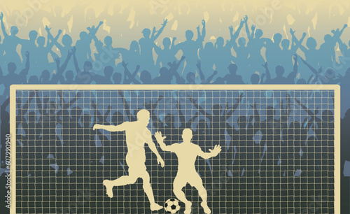 Editable vector illustration of a cheering crowd watching a penalty kick in a soccer match