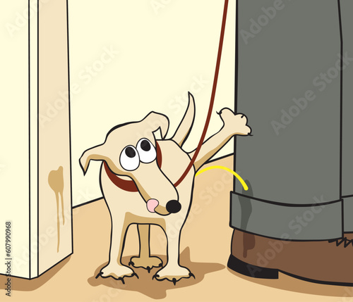 Editable vector cartoon of a small dog urinating on its owner's leg
