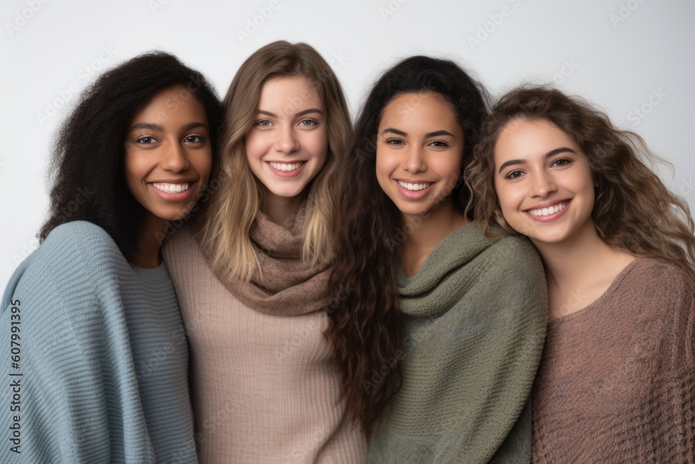 Group of multiethnic women in sweaters and scarves smiling at camera Group of multiethnic women in sweaters and scarves smiling at camera