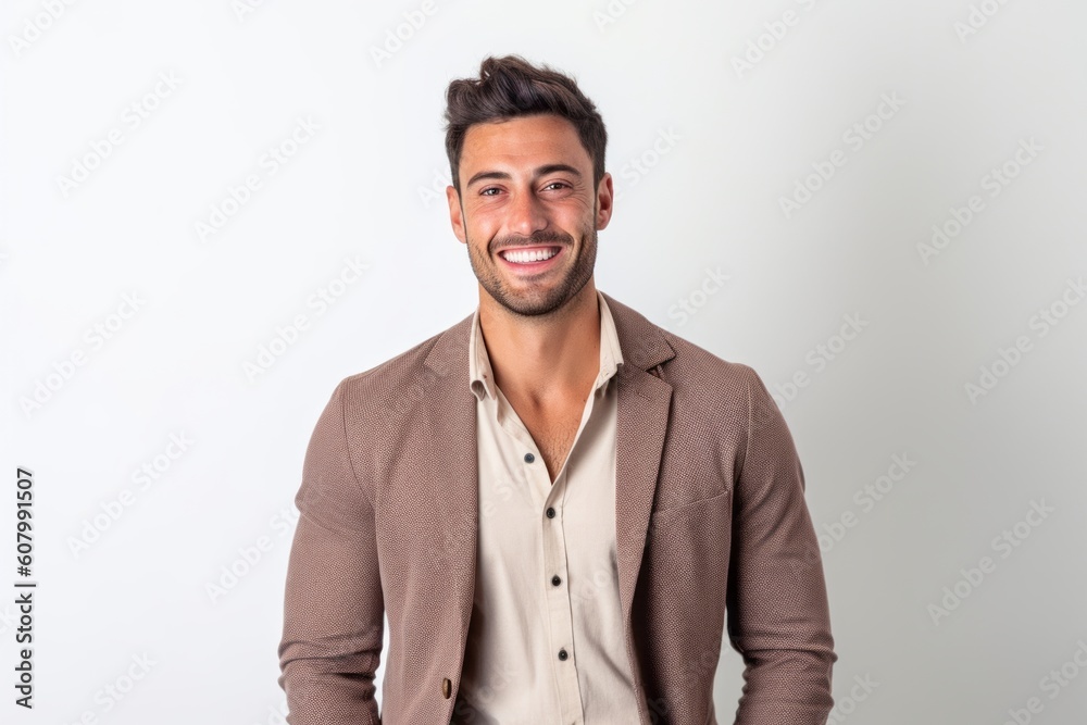 Lifestyle portrait photography of a satisfied man in his 20s that is wearing a chic cardigan against a white background . Generative AI Lifestyle portrait photography of a satisfied man in his 20s that is wearing a chic cardigan against a white background . Generative AI