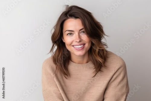 Portrait of a beautiful young woman in sweater on grey background.