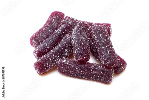 Fotografie Pile of purple sugary jelly candies isolated on white background
