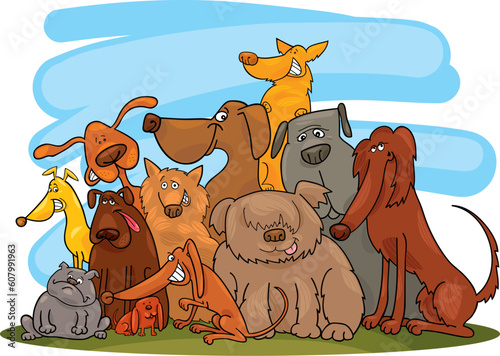 Cartoon illustration of group of funny dogs