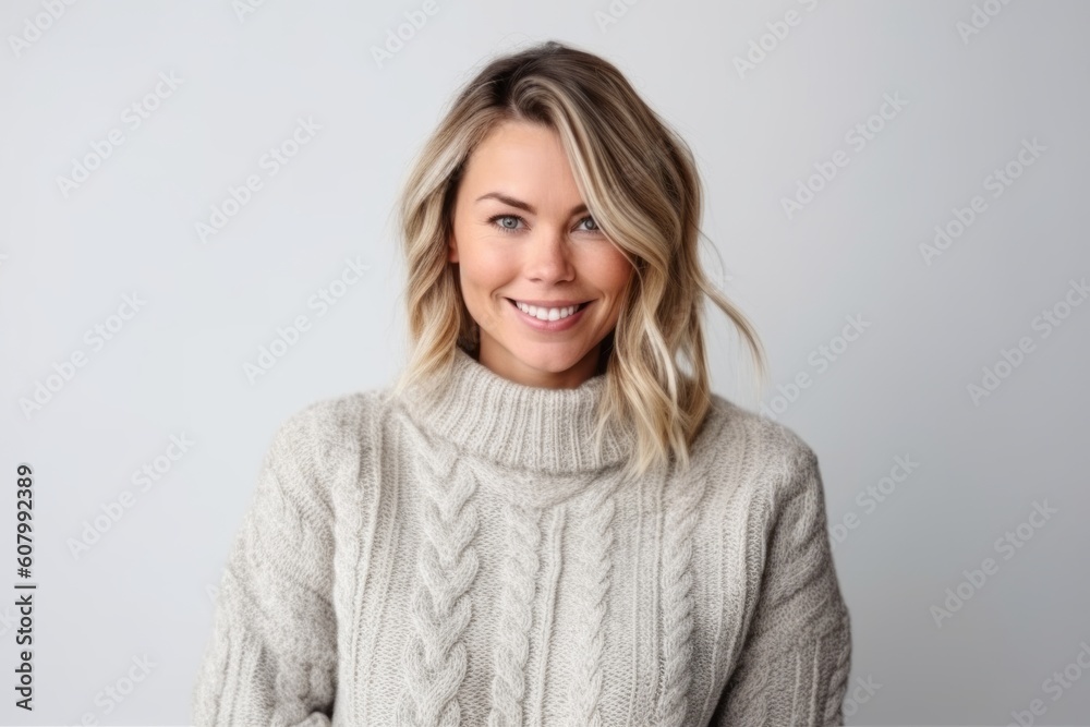 Portrait of a beautiful smiling woman in sweater on a white background