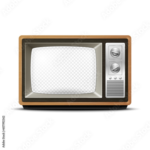 Vector Retro TV Receiver with Wooden Frame and Transparent Screen, Isolated. Home Interior Design Concept. TV Frame Design Template, Border. Television Concept. TV Set in Front View