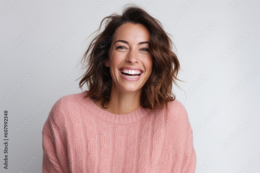 Group portrait photography of a cheerful woman in her 30s that is wearing a cozy sweater against a white background . Generative AI Group portrait photography of a cheerful woman in her 30s that is wearing a cozy sweater against a white background . Generative AI