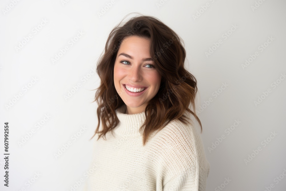 Portrait of a beautiful young woman with long brown hair in a white sweater Portrait of a beautiful young woman with long brown hair in a white sweater