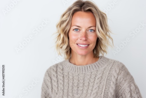 Portrait of smiling woman standing against white background with copy-space