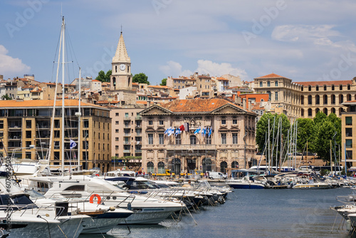 Old Port (Vieux-Port de Marseille) with several boats moored in the marina of Marseille. MARSEILLE, FRANCE. May 29, 2023.