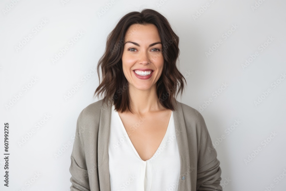 Portrait of happy young businesswoman smiling at camera against white background Portrait of happy young businesswoman smiling at camera against white background
