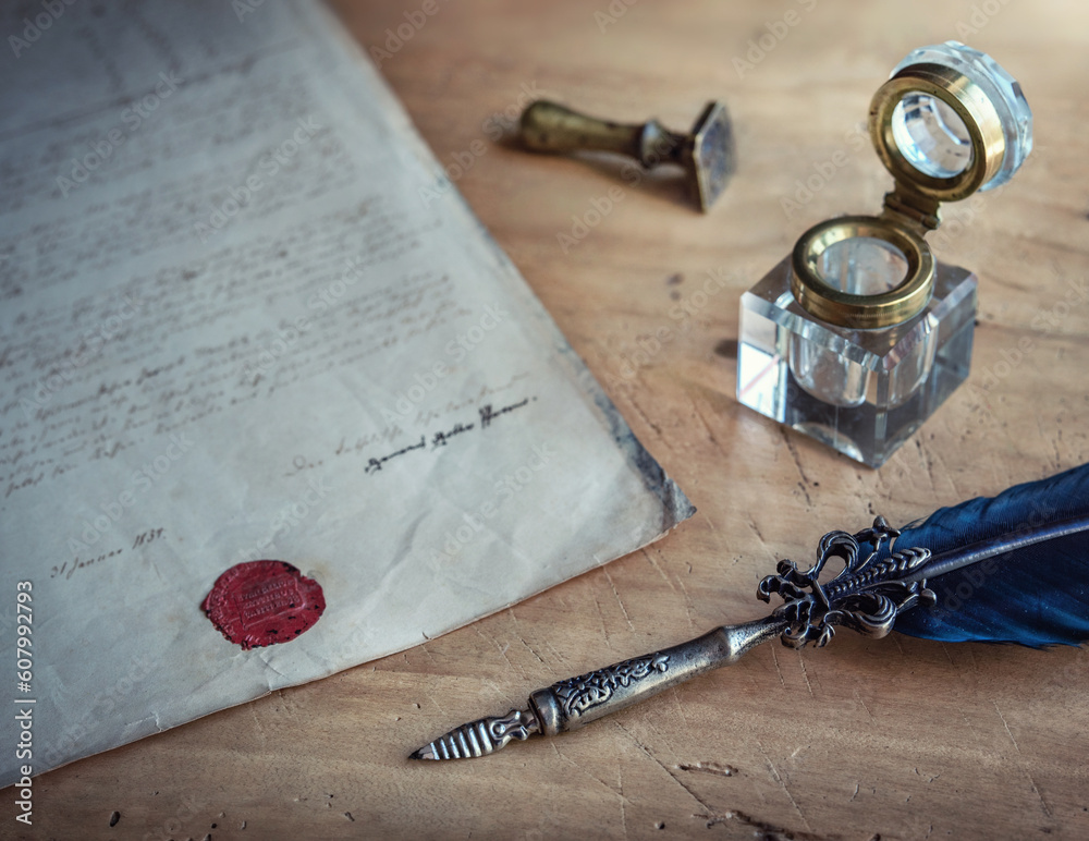 Old Fountain pen, quill pen, and old paper blank sheet and vintage