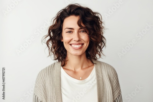 Portrait of a beautiful young woman with curly hair smiling at camera