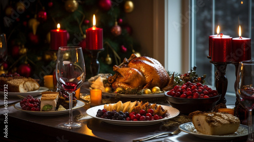 a Table set for a holiday feast with a golden turkey