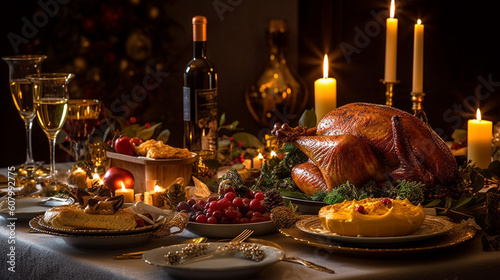 a Table set for a holiday feast with a golden turkey