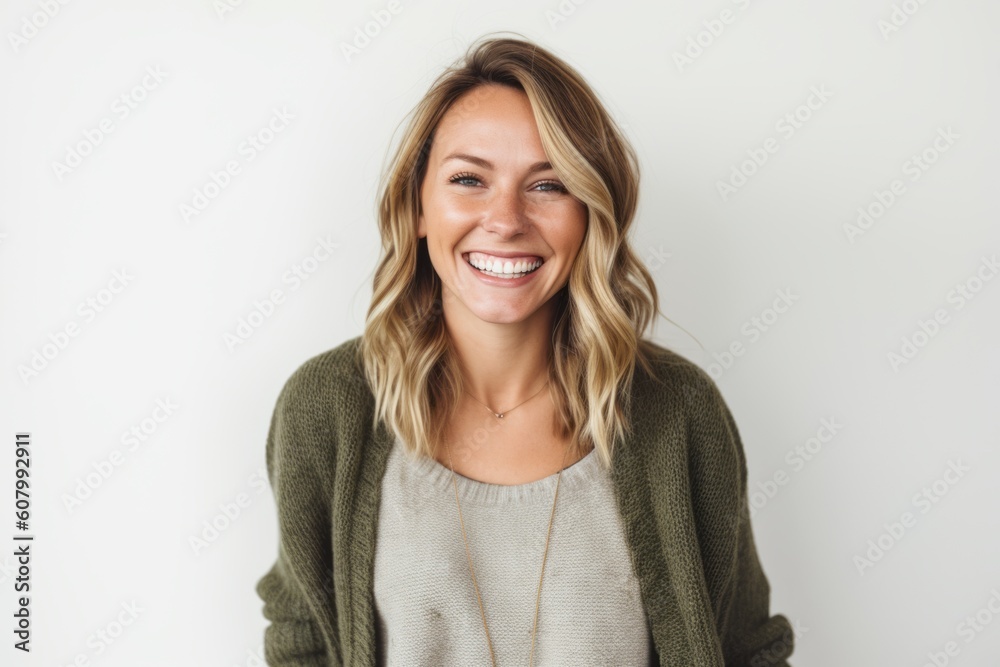Portrait of a beautiful young woman smiling at camera while standing against white background
