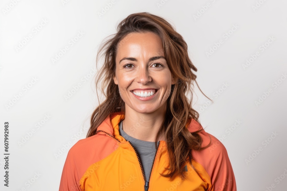 Portrait of a smiling woman in an orange jacket on a white background Portrait of a smiling woman in an orange jacket on a white background