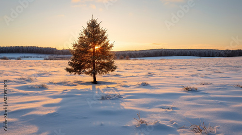Snowy landscape bathed in the soft glow 