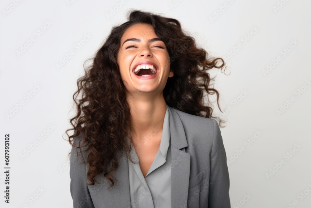 Portrait of a young business woman laughing and looking to the side Portrait of a young business woman laughing and looking to the side