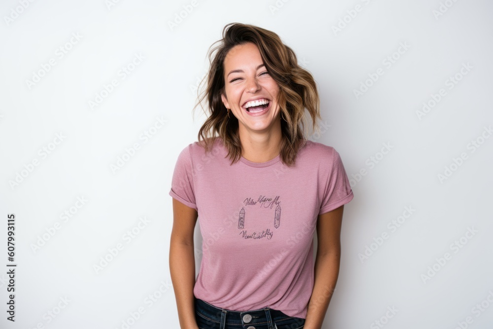 Lifestyle portrait photography of a pleased woman in her 30s that is wearing a fun graphic tee against a white background . Generative AI Lifestyle portrait photography of a pleased woman in her 30s that is wearing a fun graphic tee against a white background . Generative AI