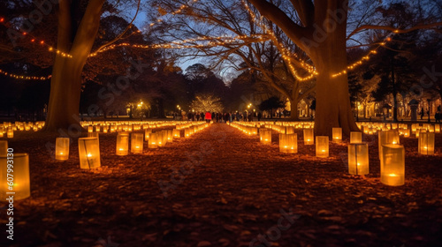 A park filled with lanterns and fairy lights