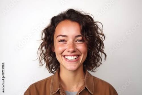 Medium shot portrait photography of a pleased woman in her 30s that is placed against a white background . Generative AI