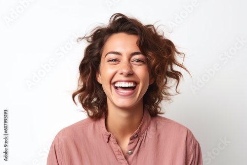 Medium shot portrait photography of a pleased woman in her 30s that is placed against a white background . Generative AI