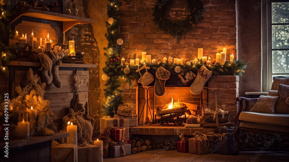 Beautifully decorated fireplace with stockings hung 