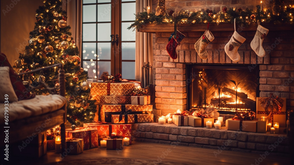 Beautifully decorated fireplace with stockings hung 