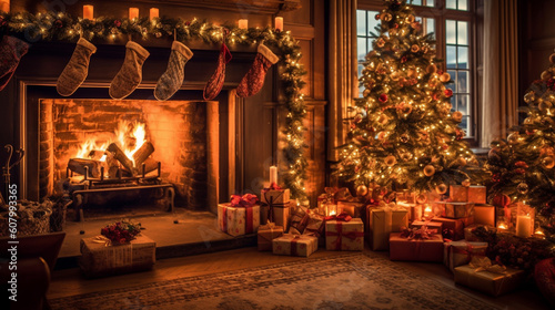 Beautifully decorated fireplace with stockings hung 