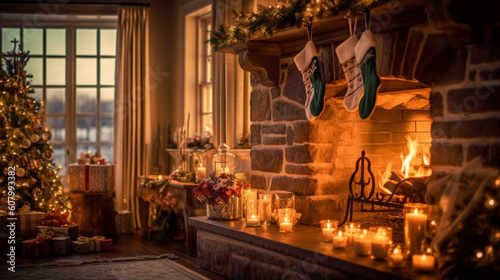 Beautifully decorated fireplace with stockings hung  © JAX