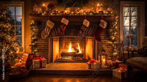 Beautifully decorated fireplace with stockings hung  © JAX