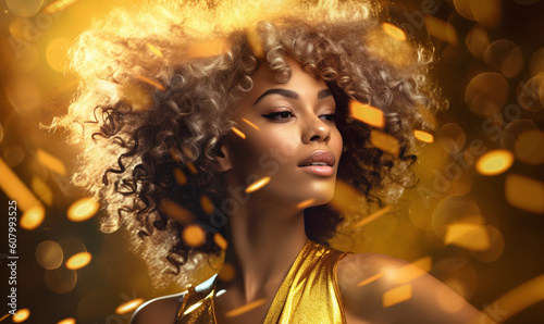 Beautiful young AI Generated woman in gold with sparkly hair posing, Festive girl in golden dress. Fashion woman with curly black hair in gold glitter flares