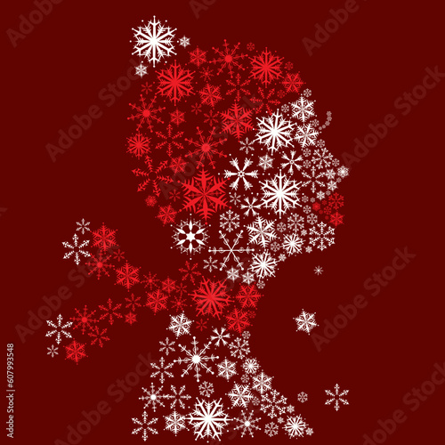 Stylized woman head, snowflakes. Winter season.