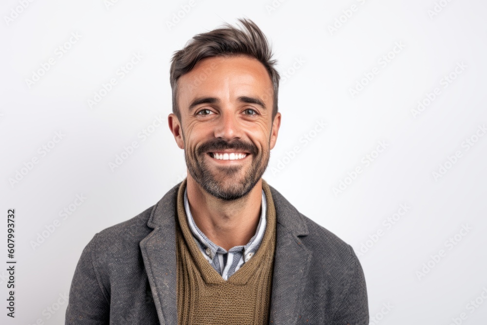 Portrait of handsome man smiling and looking at camera on white background Portrait of handsome man smiling and looking at camera on white background