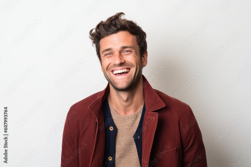 Portrait of a handsome young man laughing while standing against white background Portrait of a handsome young man laughing while standing against white background