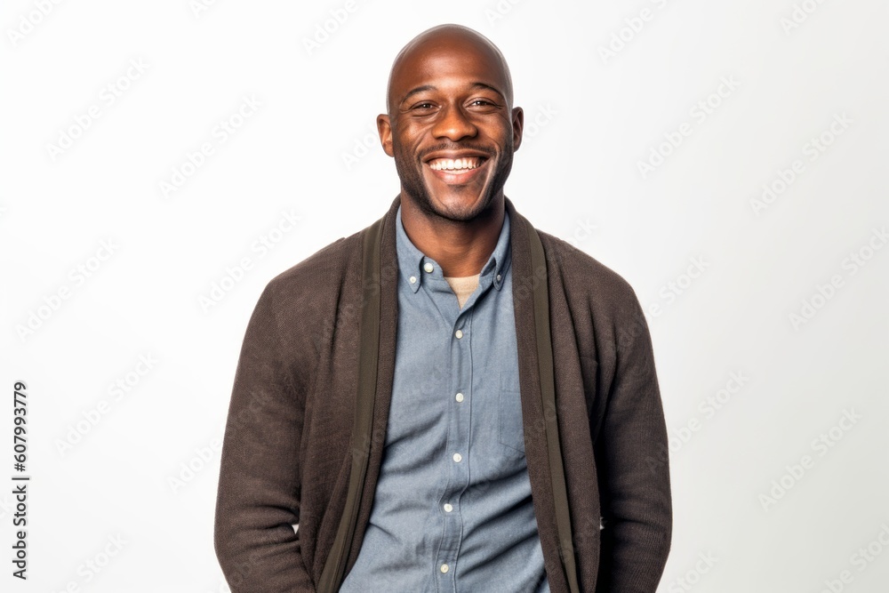 Medium shot portrait photography of a grinning man in his 30s that is wearing a chic cardigan against a white background . Generative AI Medium shot portrait photography of a grinning man in his 30s that is wearing a chic cardigan against a white background . Generative AI