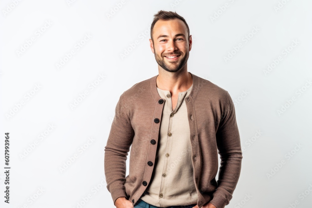 Portrait of a smiling young man standing with hands in pockets against white background Portrait of a smiling young man standing with hands in pockets against white background