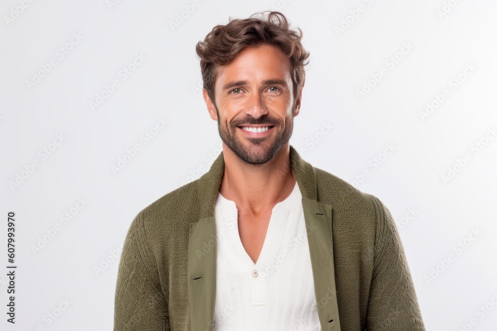 Portrait of a handsome man smiling and looking at camera over white background Portrait of a handsome man smiling and looking at camera over white background