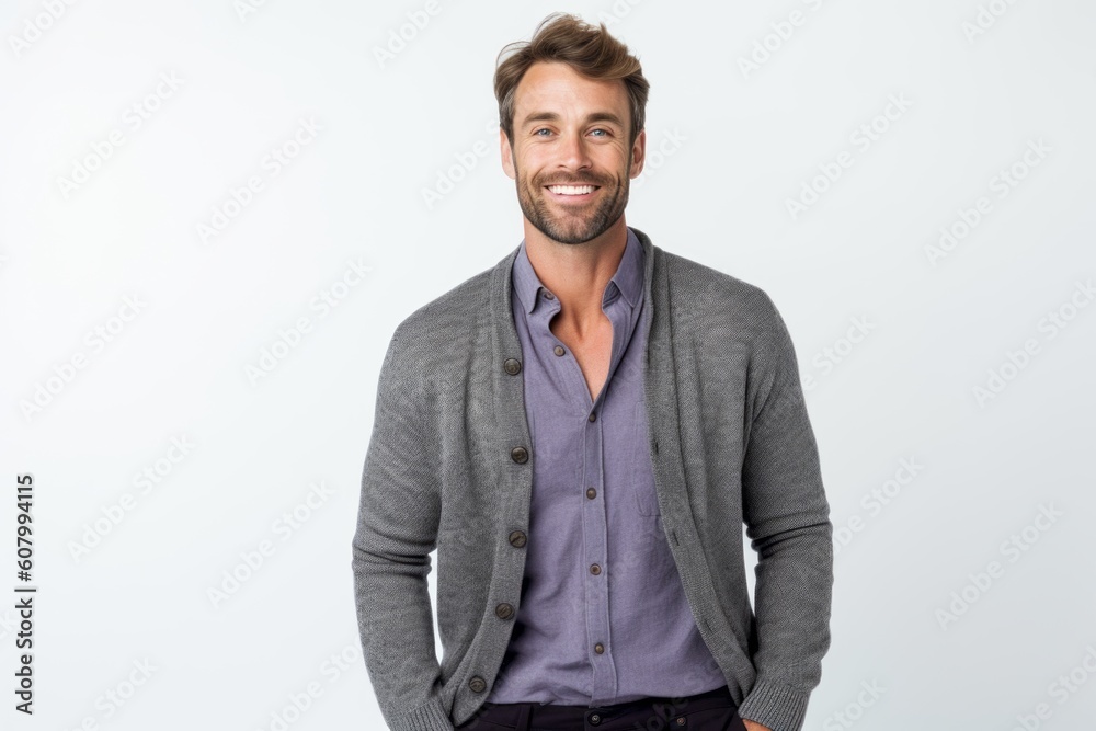 Portrait of handsome man standing with hands in pockets over white background Portrait of handsome man standing with hands in pockets over white background