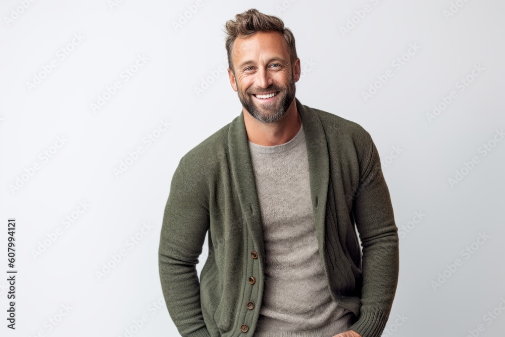 Portrait of a handsome man smiling and looking at camera over white background Portrait of a handsome man smiling and looking at camera over white background