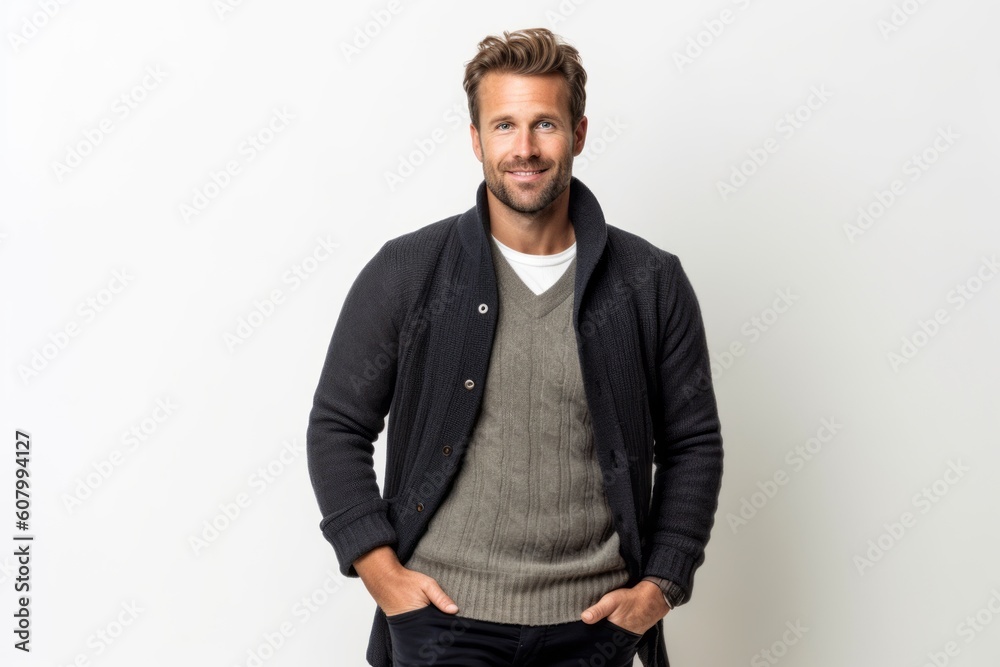 Lifestyle portrait photography of a satisfied man in his 30s that is wearing a chic cardigan against a white background . Generative AI Lifestyle portrait photography of a satisfied man in his 30s that is wearing a chic cardigan against a white background . Generative AI