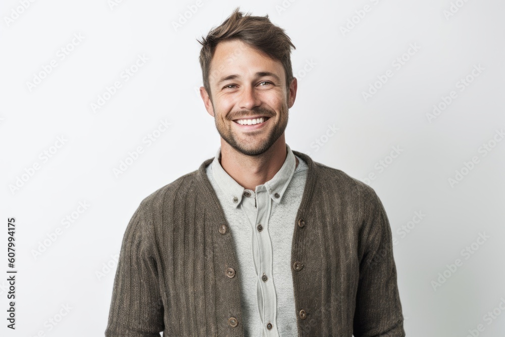 Lifestyle portrait photography of a grinning man in his 30s that is wearing a chic cardigan against a white background . Generative AI Lifestyle portrait photography of a grinning man in his 30s that is wearing a chic cardigan against a white background . Generative AI