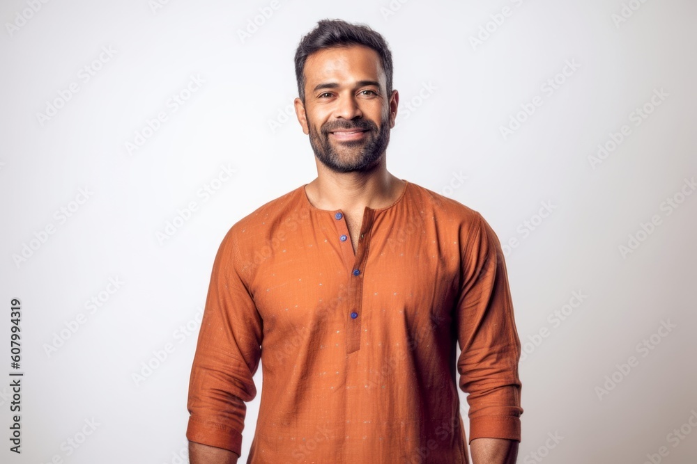 Handsome bearded Indian man in orange shirt smiling on white background