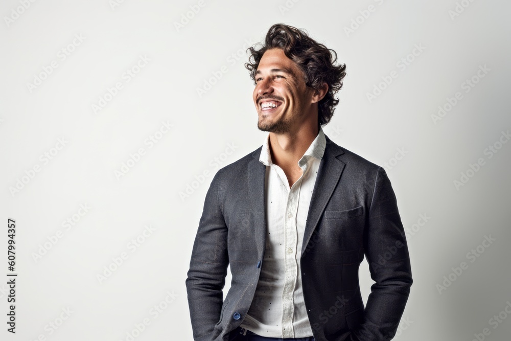 Portrait of a handsome young man laughing and looking up over white background