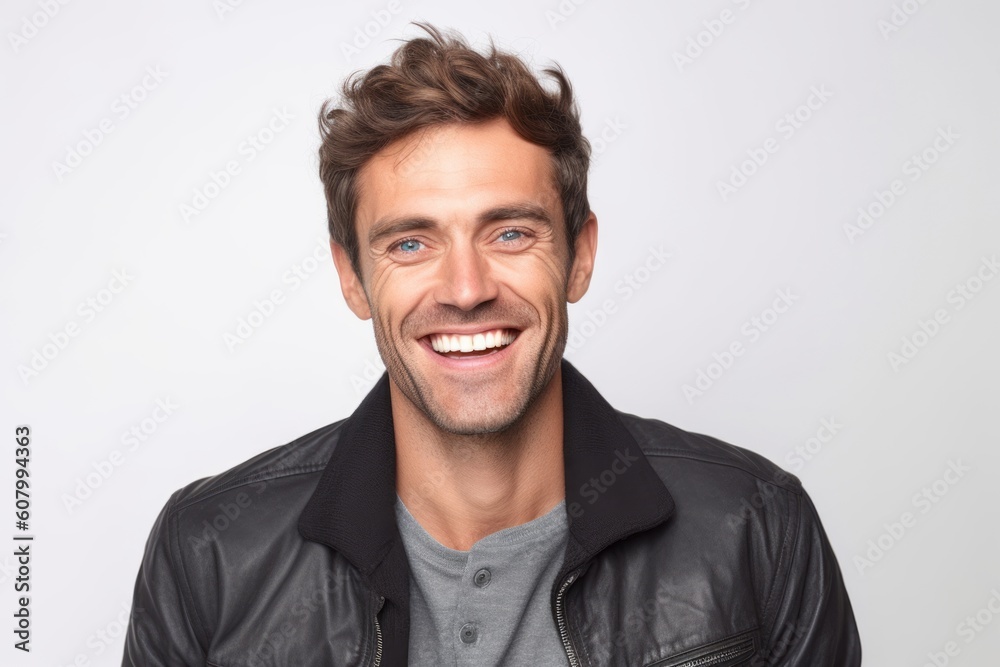 Portrait of a smiling young man in leather jacket on white background Portrait of a smiling young man in leather jacket on white background