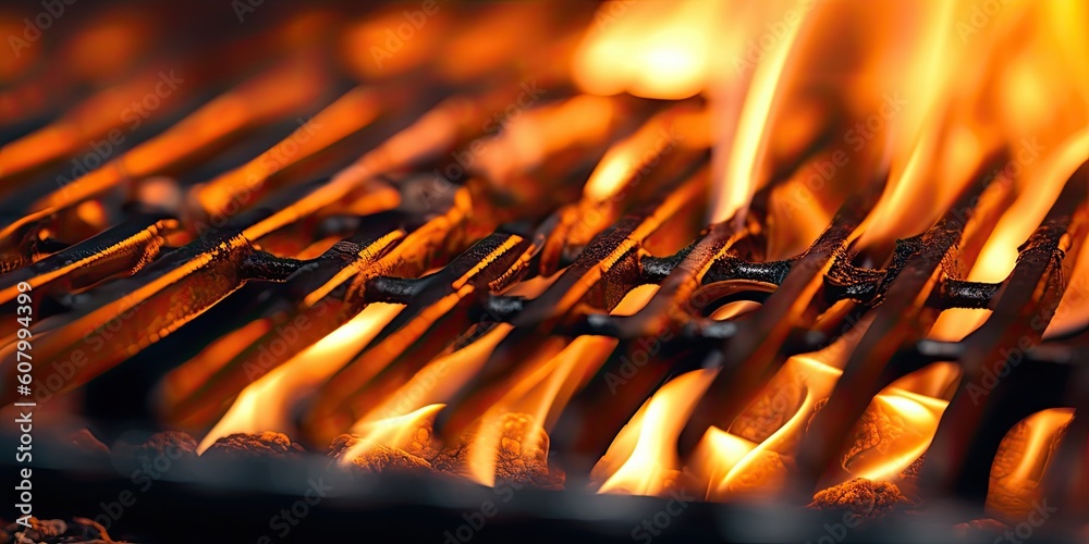 close up of a grill with flames Generative AI